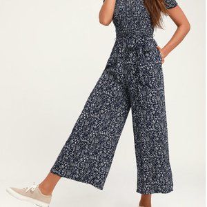 Lulu's Behold Navy Blue Floral Print Off-the-Shoulder Jumpsuit